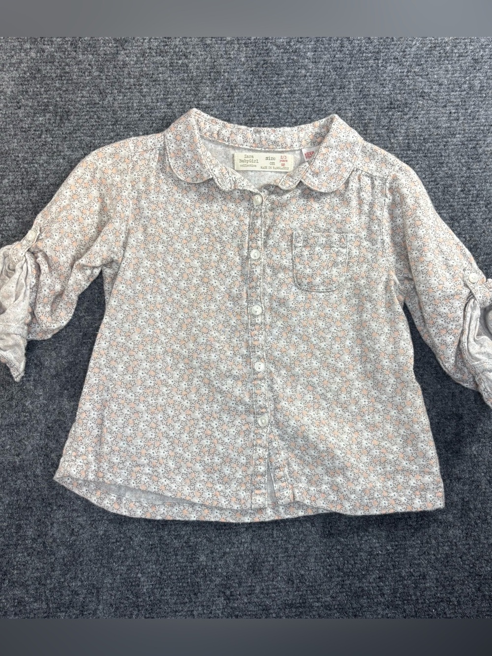 Zara Baby Girl 2/3 Years Shirt Pink Grey Star Button Up Blouse Roll Up Sleeve